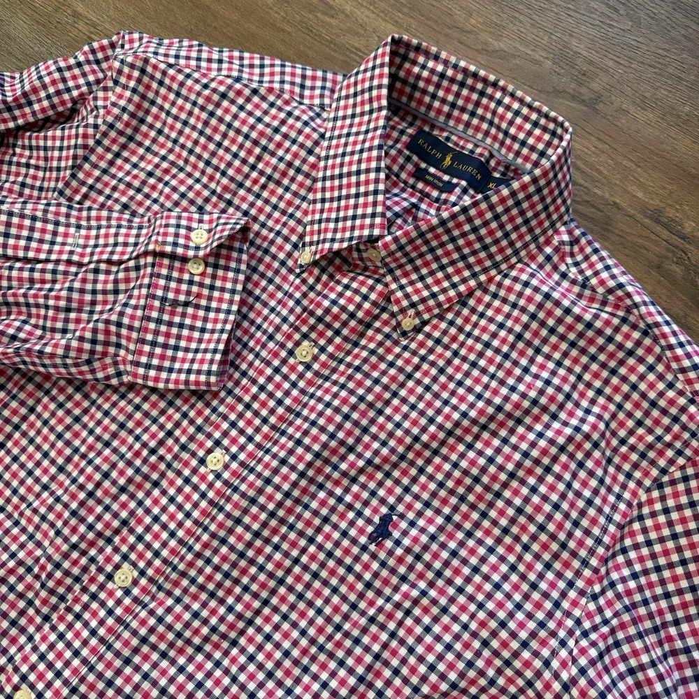 Ralph‎ Lauren Pink Blue Checkered Men Button Down Shirt Sz XL Preppy Casual READ